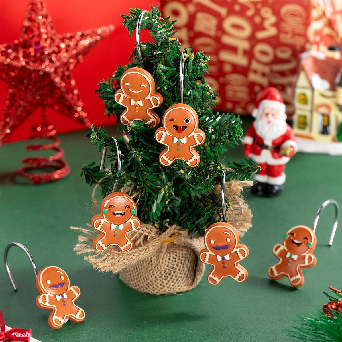 Yungyan 12 Pcs Christmas Shower Curtain Hooks Gingerbread Curtain Hangers