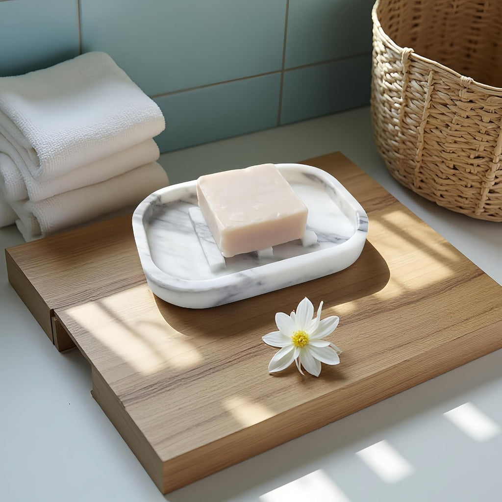 Natural Marble Soap Dish for Bathroom Shower Sink，Stone Soap Holder with Drying