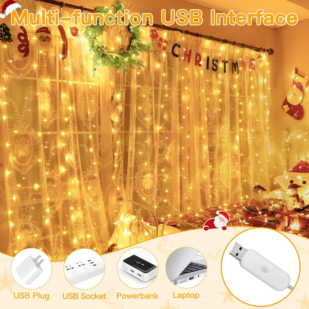 Ollny Curtain Lights 6.6x6.6ft, 200 LED String Lights with Remote 8 Modes Dimmable Timer, USB Power Fairy Light for Bedroom Backdrop Indoor Wall Window Christmas Decorations, Warm White (Pack of 2)