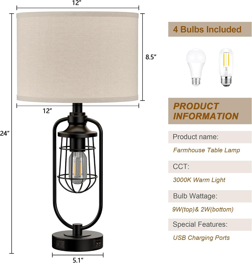 24" Farmhouse Black Table Lamps Set of 2 for Living Room, USB A+C