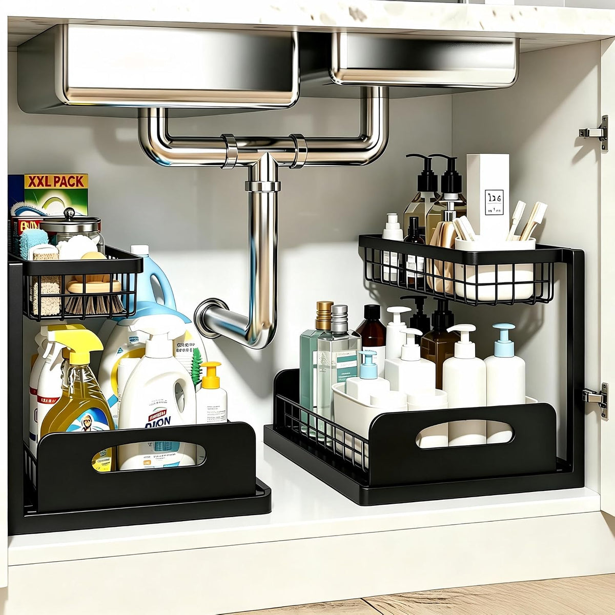 2 Pack Upgraded Under Sink Organizer, 2 Tier Pull out Kitchen Cabinet Organizer Metal Slide out Bathroom Organizers and Storage Makeup Drawer Organizer for Office Bedroom Restroom Living Room, L-Black