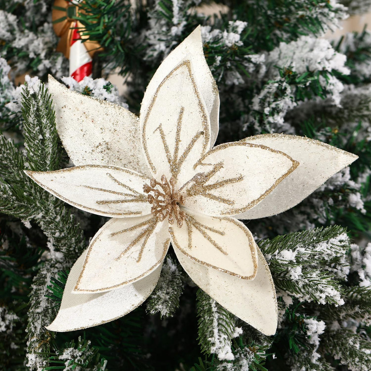 10.2’’ Large Glitter Christmas Flowers 6 Pcs Artificial Poinsettia Flower Velvet Christmas Tree Flower Ornaments Fold Floral for Christmas Decorations New Year Party Wedding (Cream White)