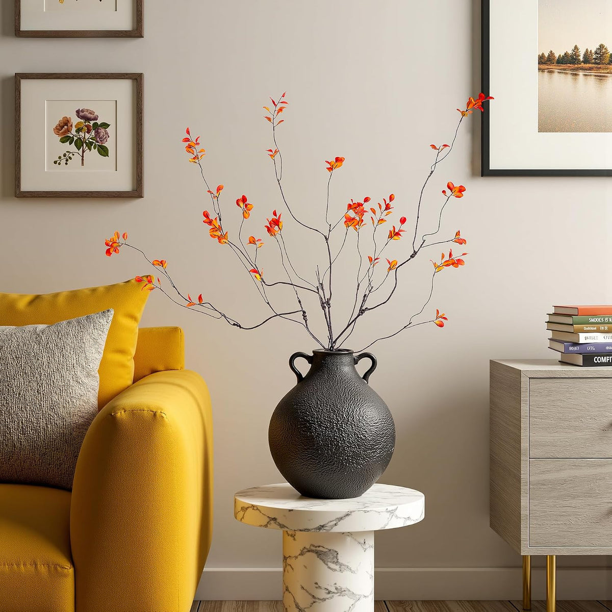 4PCS Artificial Orange Branches 35.4", Faux Fall Stems for Vase, Long Decorative Branches with Autumn Leaves, Bendable Orange Stems for Tall Vase Fall Decorations Home Decor