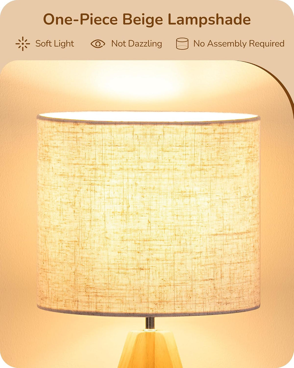EDISHINE Small Table Lamp, Boho Bedside Lamp, Linen Fabric Shade, 14.2 Inch