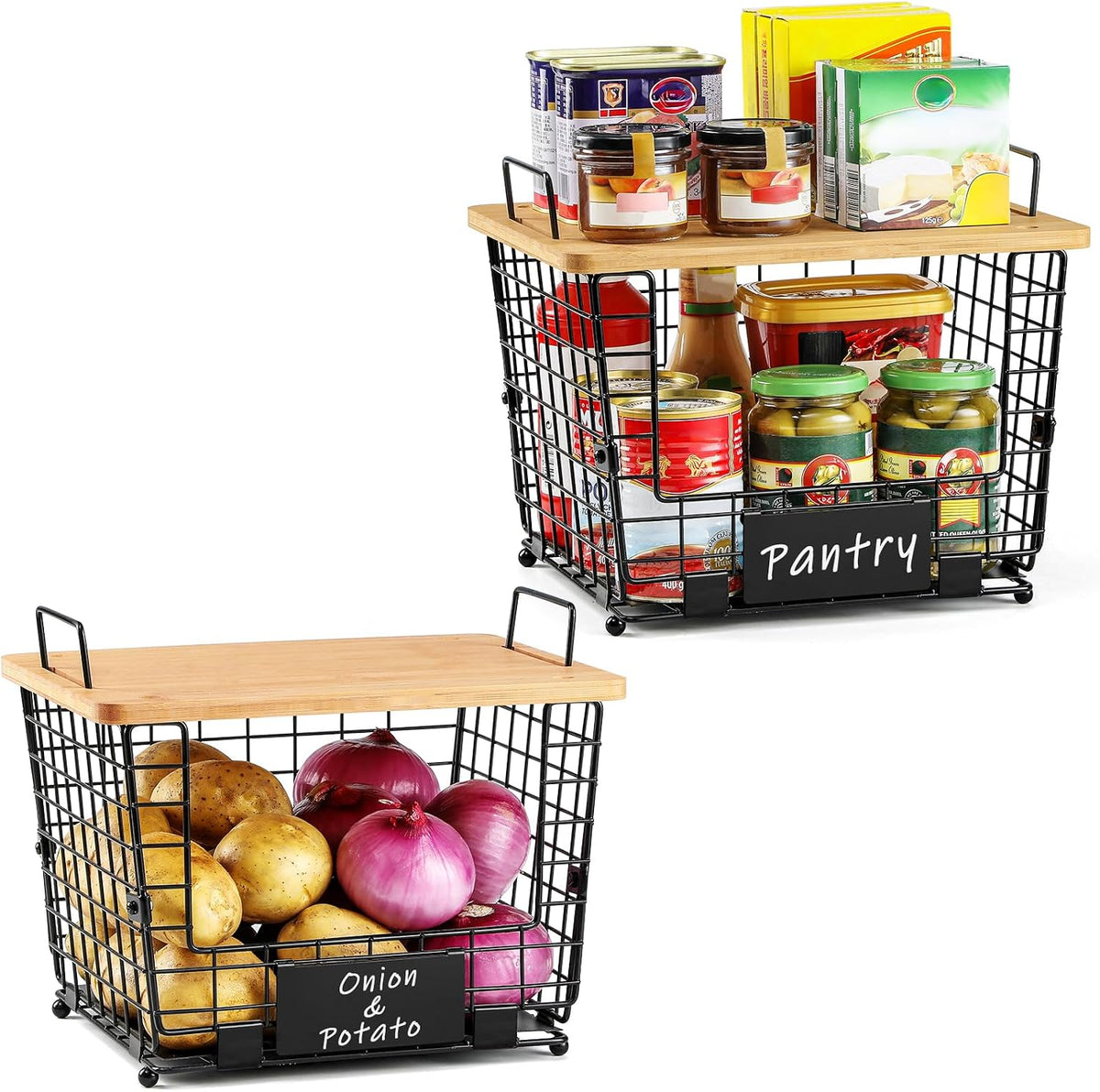 2 Set Large Stackable Wire Basket with Bamboo Tops & Tag- Pantry Organizer and Storage Bins, Kitchen Counter Cabinet Shelf Countertop Under Sink Organizing for Food Snack Produce Onion Potato Bread