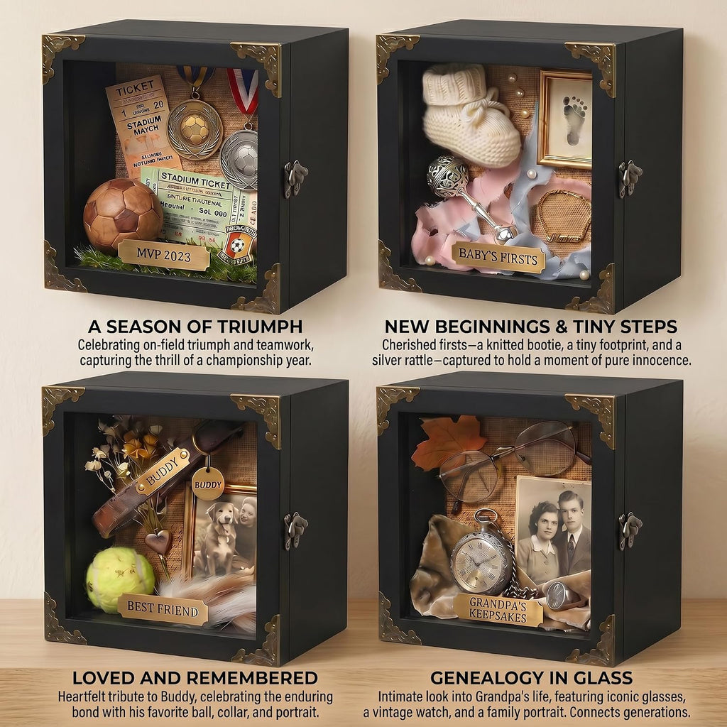 Deep Shadow Box Frame 8x8, 4.7" Depth Display Case with Real Glass Door, Black Solid Wood Memory Box with Vintage Metal Corners for Photos, Medals, Flowers, Wedding Keepsakes