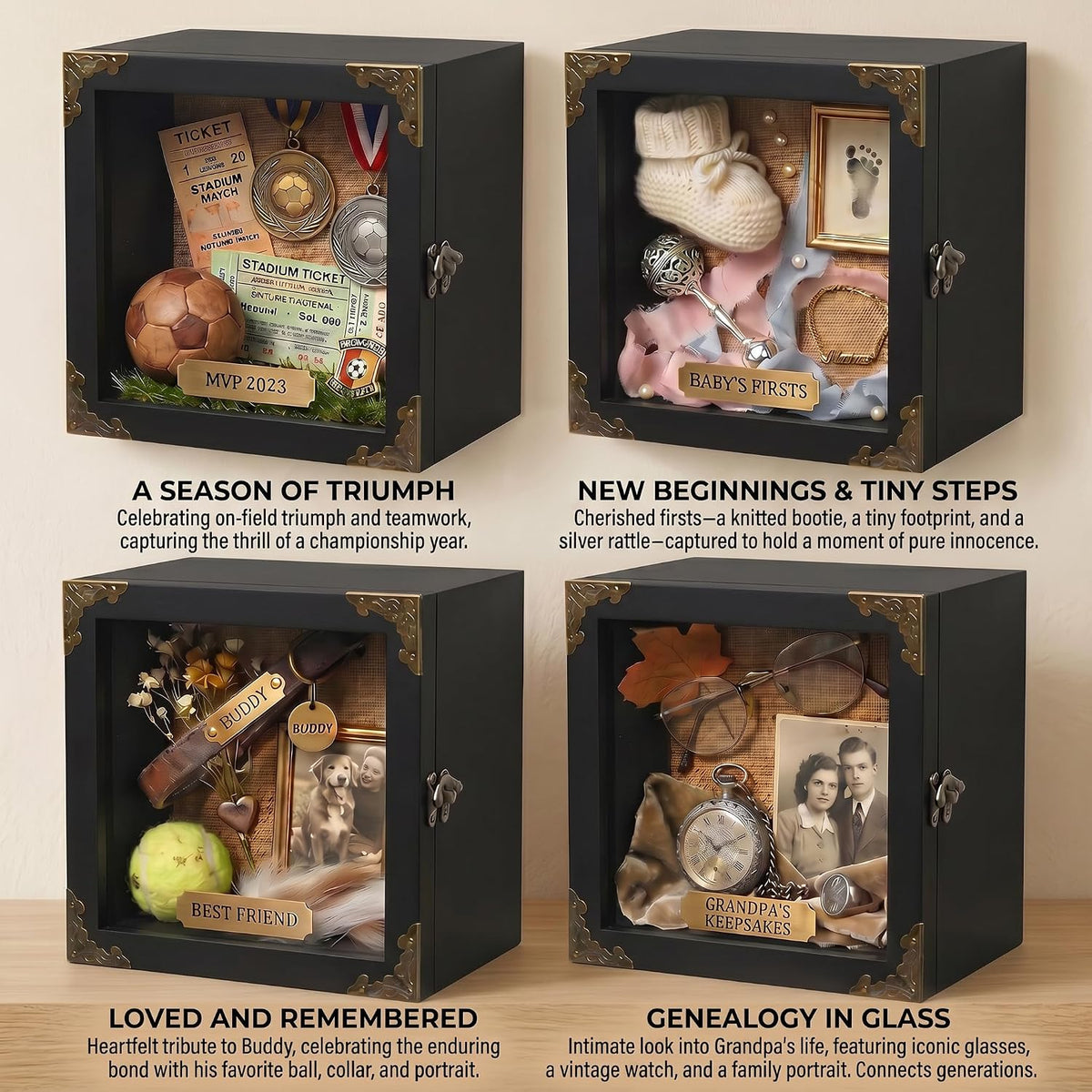 Deep Shadow Box Frame 8x8, 4.7" Depth Display Case with Real Glass Door, Black Solid Wood Memory Box with Vintage Metal Corners for Photos, Medals, Flowers, Wedding Keepsakes