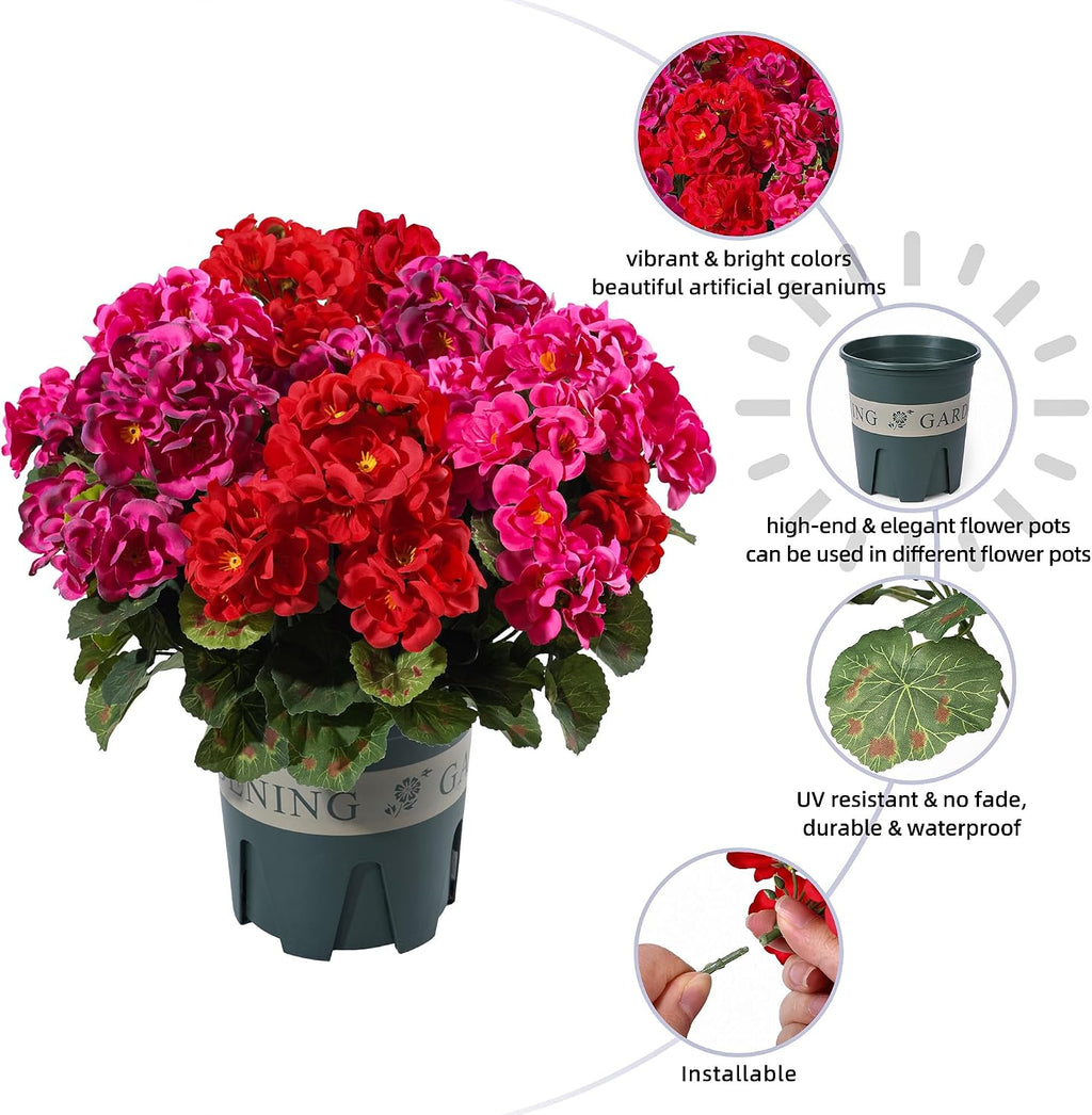 Geraniums Artificial Flowers for Outdoors, 2 Pack Potted Plants Faux Geraniums Bush Artificial Topiaries Realistic UV Resistant Fake Flowers Greenery for Outside Gardens Porch Patio Yard Indoor, Mix