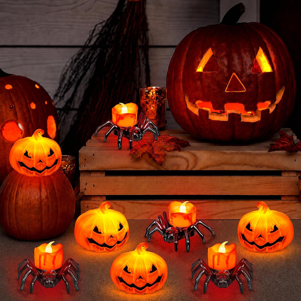 8 PCS Halloween Spider Pumpkin Candles, Battery Operated Halloween Tea Lights Flameless LED Candles, Halloween Pumpkin Tealights Spooky Electric Flickering Candles for Home Party Decorations