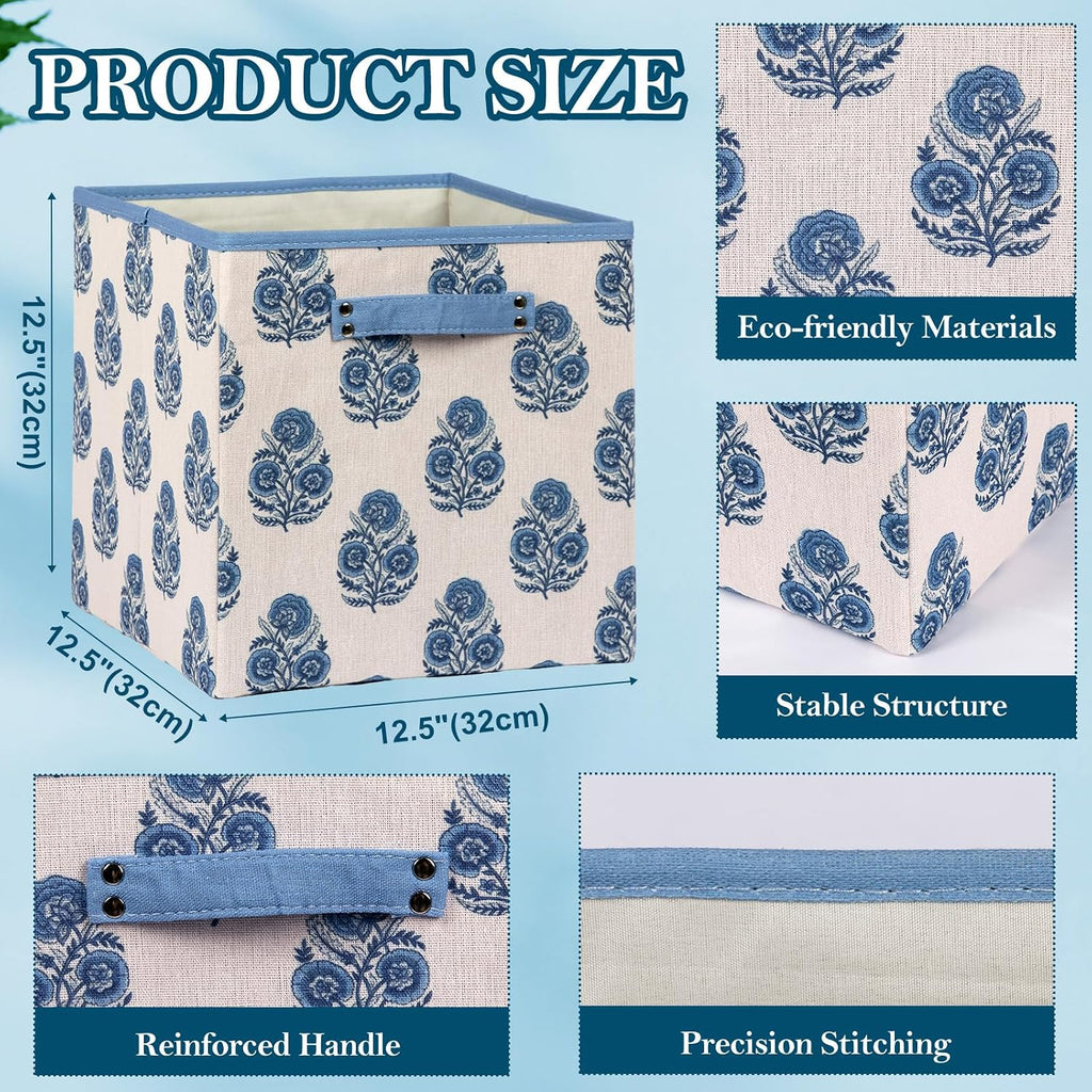 6 Pcs Fabric Floral Cube Storage Bins 11 Inch Flower Storage Basket with Handle, Linen Collapsible Fabric Box for Classroom Bedrooms Office Home Decoration (Blue indian flower)