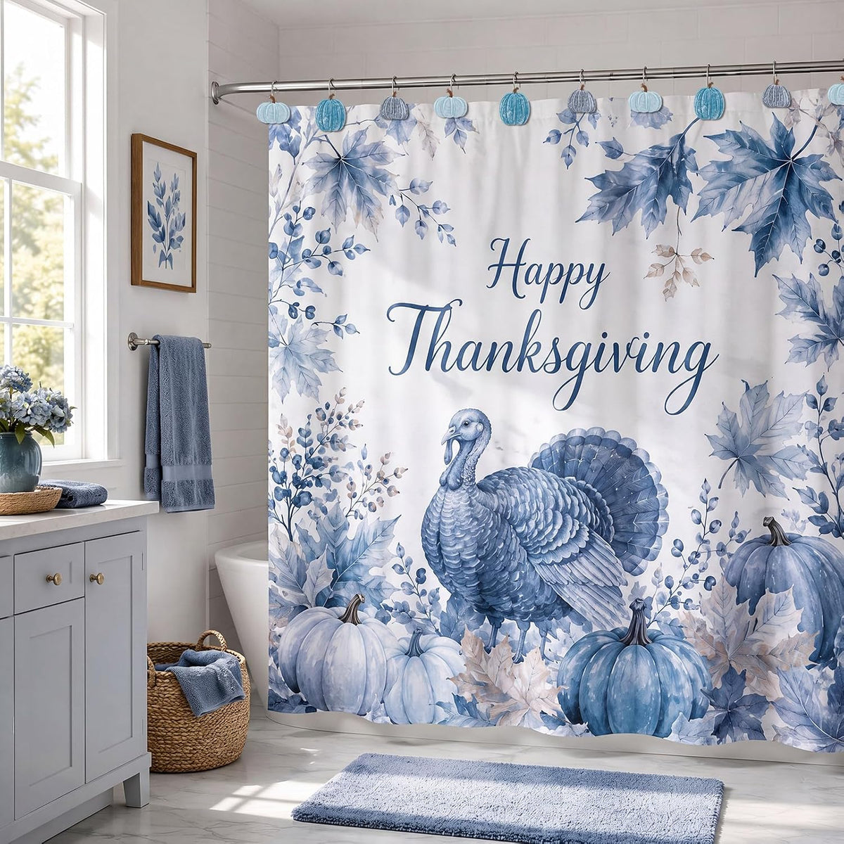 Weysat 12 Pcs Blue Pumpkin Fall Shower Curtain Hooks Bathroom Decor