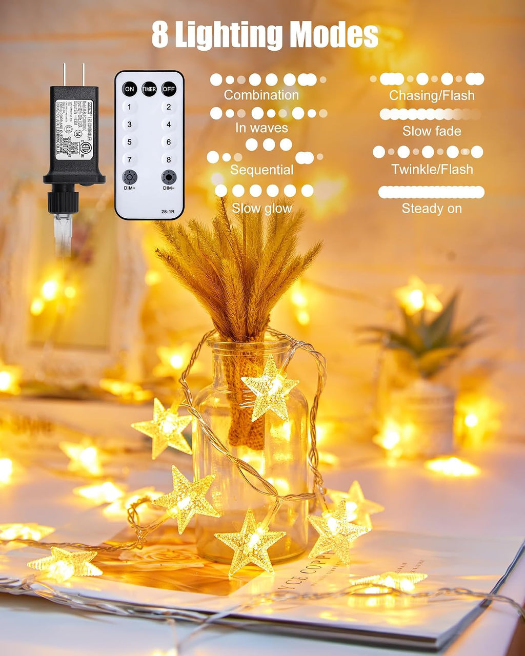 Minetom 66ft Plug in Star String Lights Plug in with Remote and Timer
