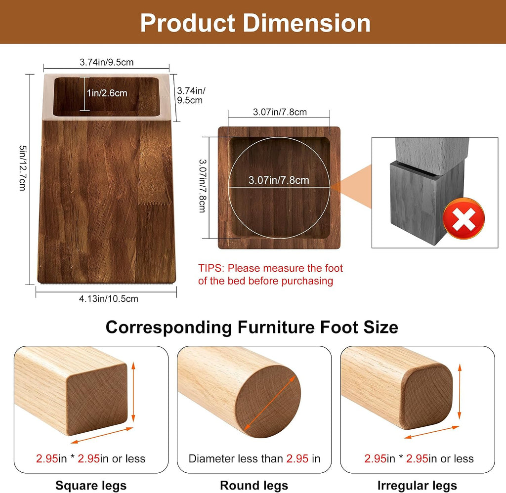 TQVAI Bed Risers Heavy Duty, Support 2200 lbs, 1-in Deep Anti-Fall Edge, 4 Pack Wooden Furniture Bed Lifts Risers with Non-Slip Pads for King Queen Twin Full Size Frame, Retro Brown, 5" H(Inner 4" H)