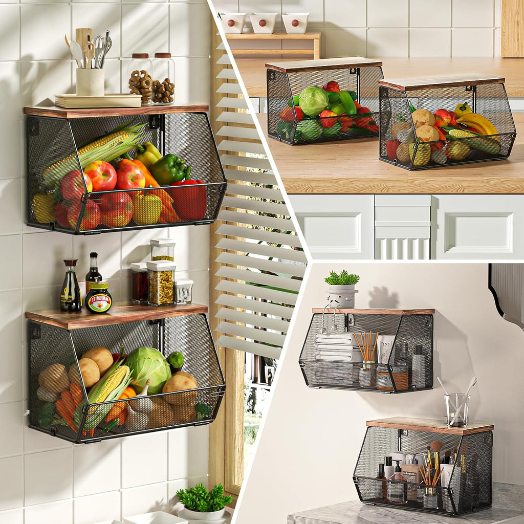 Litwaro Fruit Basket Wire Baskets with Wood Lid, Wall Mounted Produce Basket for Snack, Fruit and Vegetable Storage, Countertop Onion and Potato Storage, 3 Pack Stackable Kitchen Counter Organizer