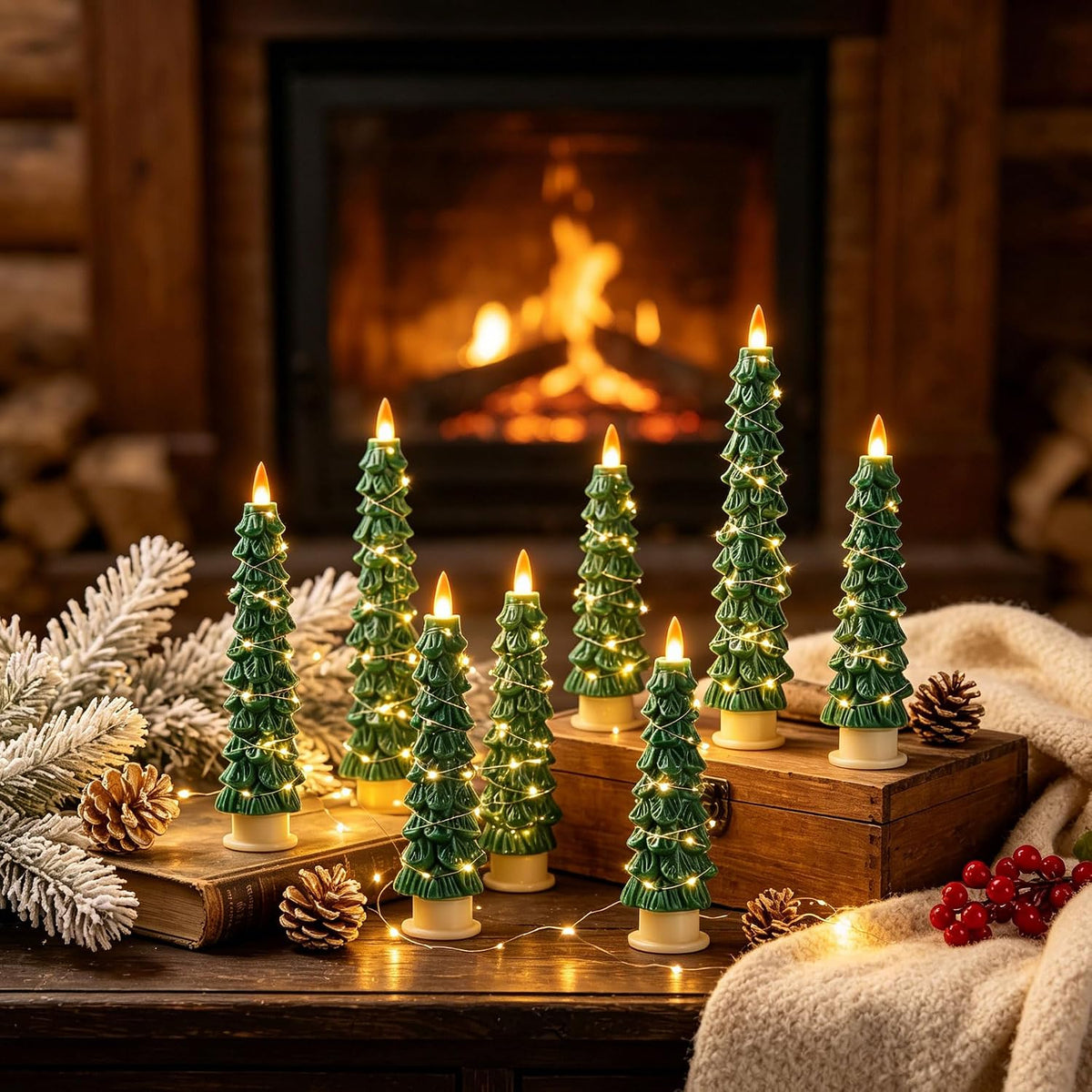 Christmas Tree Candles Surrounded by Fairy Lights, LED flameless Candle Lights with Remote Control Timing Function. Green