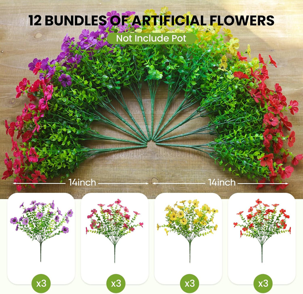 Artificial Flowers for Outdoors (12, Purple Red Yellow Hot Pink)