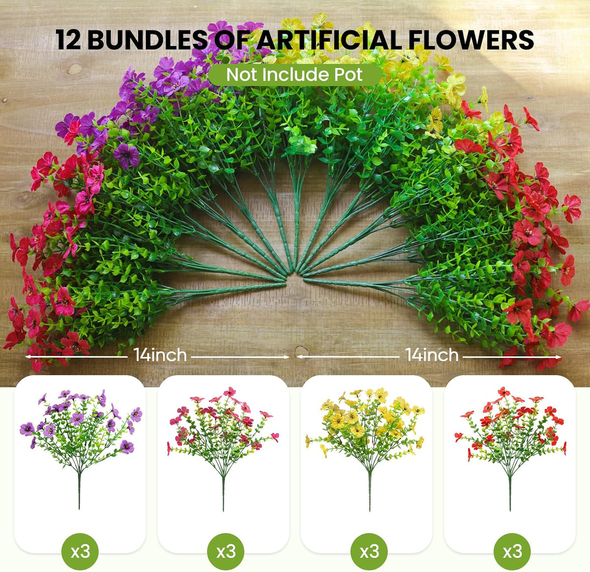 Artificial Flowers for Outdoors (12, Purple Red Yellow Hot Pink)