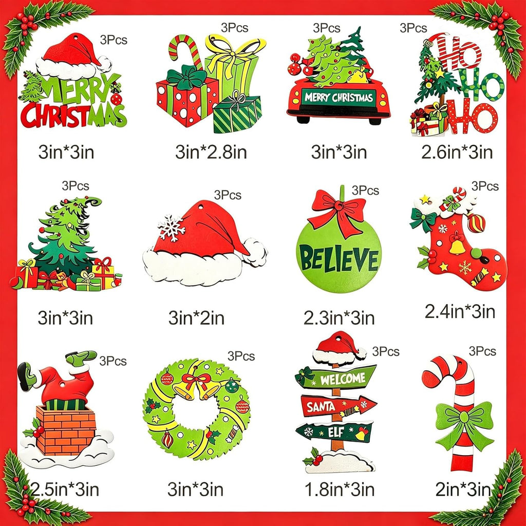 36Pcs Wooden Christmas Hanging Ornaments Set, 12 Styles Retro Cartoon Xmas Tree Decorations, Red Green Classic Color Indoor Home Holiday Decor, Bulk Small Wooden Ornaments for Tree Mantel Party Decor