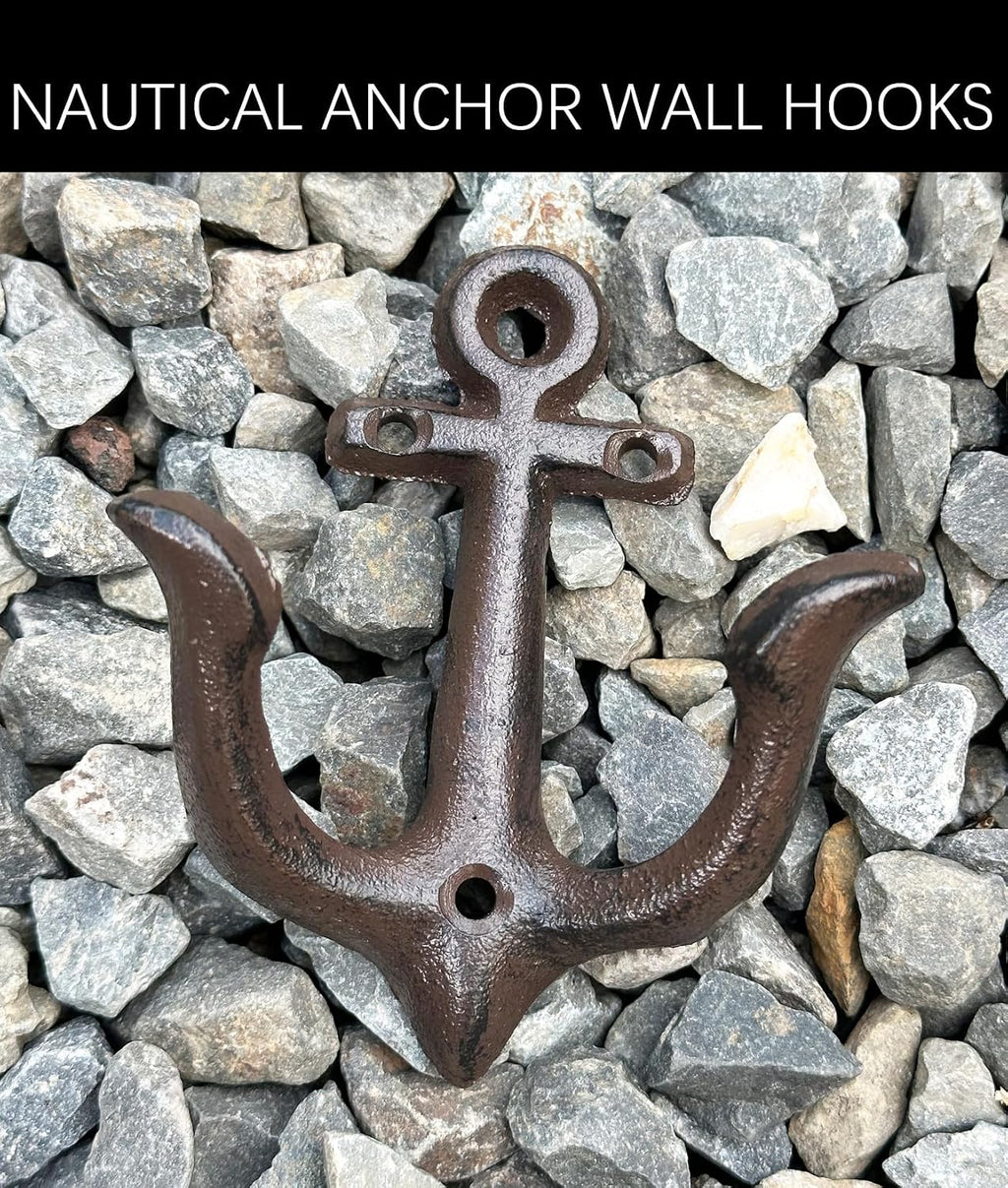 KiaoTime (Rusty Brown Vintage Rustic Cast Iron Nautical Anchor Design Wall Hook Coat Hook Rack, Decorative Wall Mounted Antique Shabby Chic Metal Home Bath Room Towel Coat Hook Hanger
