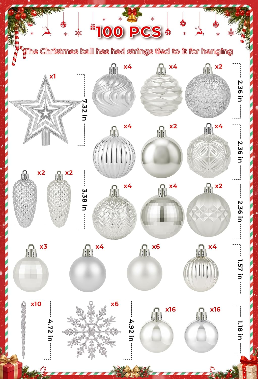 Brightown 100Pcs Christmas Tree Decorations Ornaments Set, Champagne Silver