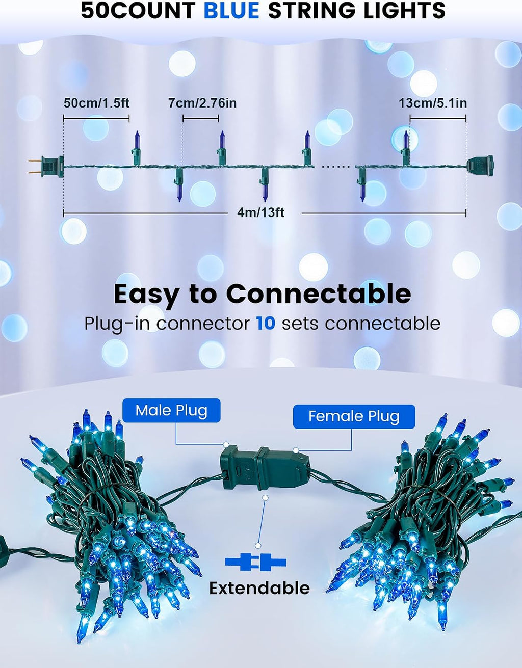 Blue Christmas Lights,13FT 50 Count Mini Clear String Lights