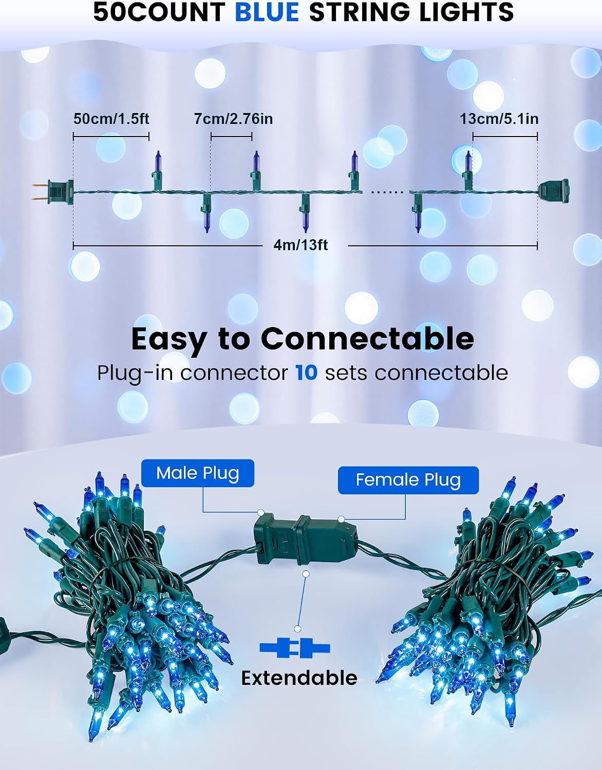 Blue Christmas Lights,13FT 50 Count Mini Clear String Lights