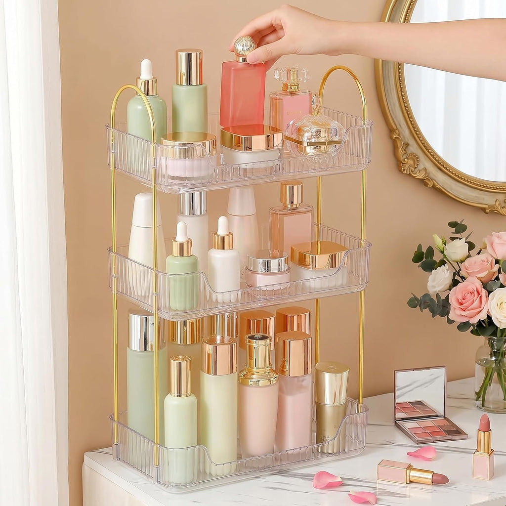 Aveniee Bathroom Counter Organizer, 3 Tier Perfume Skin Care Countertop Storage Shelf, Vanity Makeup Tray for Cosmetic Skincare Lotion,Clear