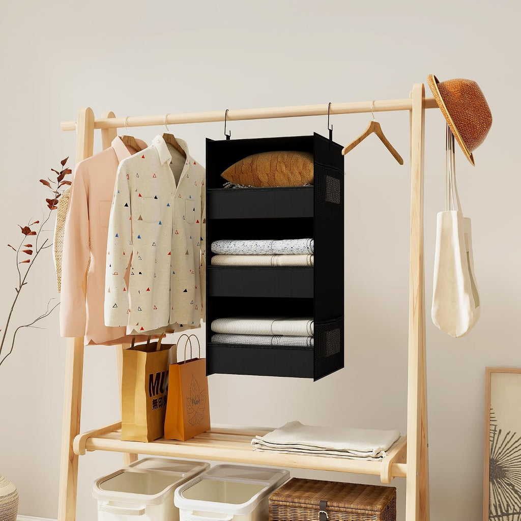 3-Shelf Hanging Closet Organizer, Washable Foldable Storage Shelves, Black