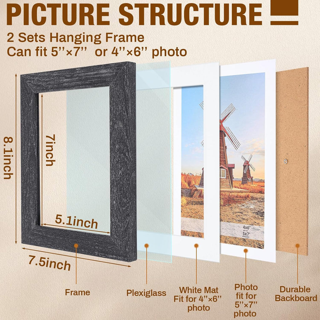 Qunclay 2 Set 5x7 Hanging Collage Picture Frames, Rustic Farmhouse Decor