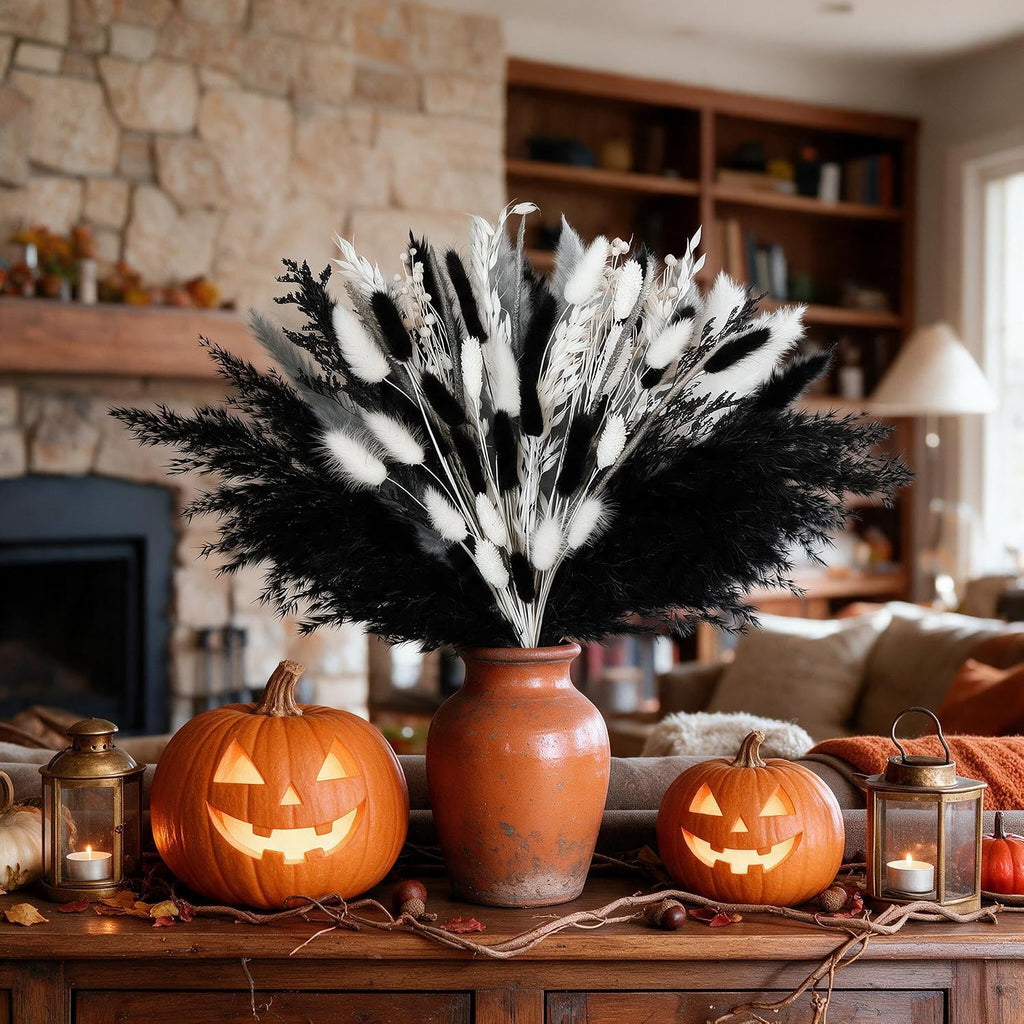 Black Pampas Grass Bouquet, Dried Flowers for Halloween and Boho Home Decor