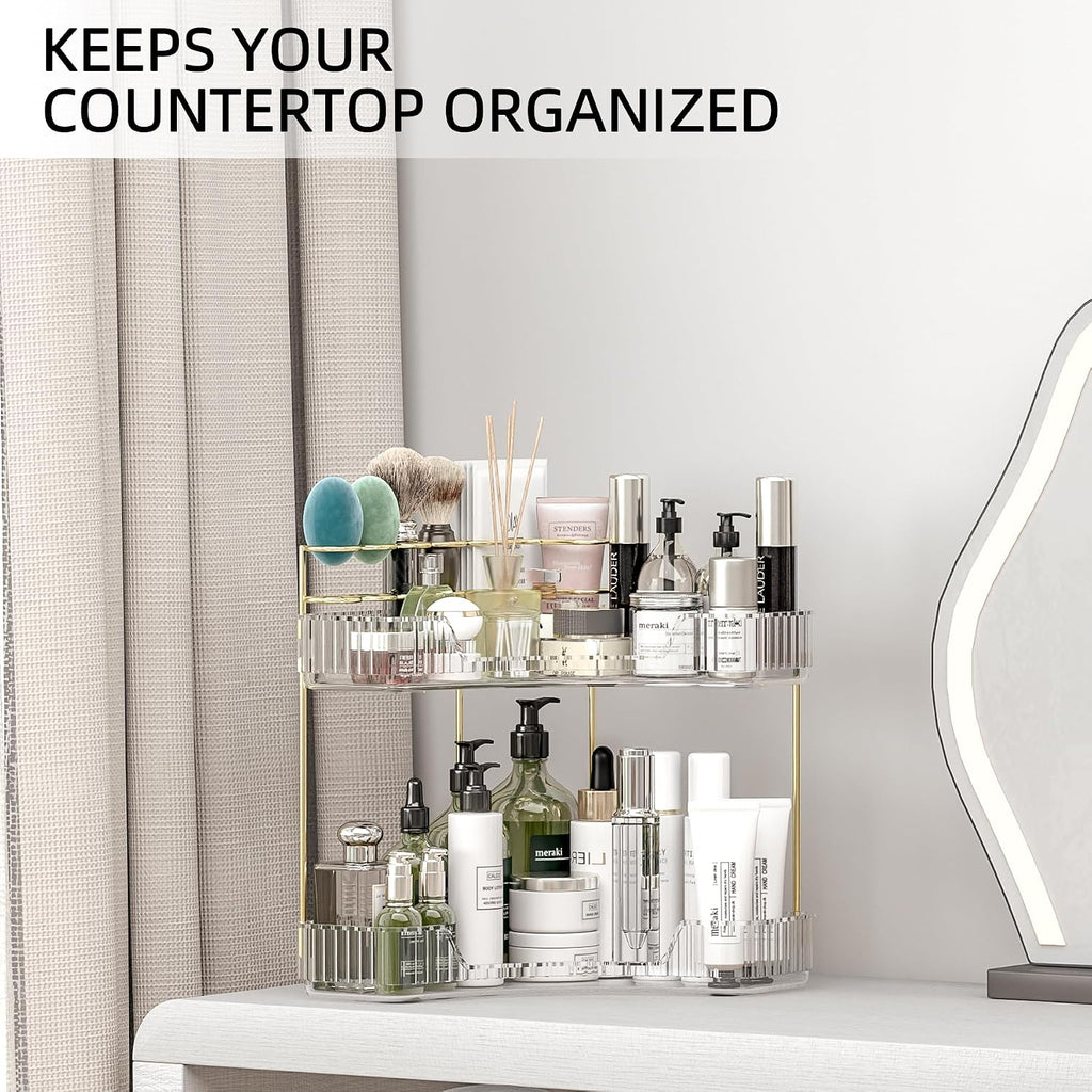 Makeup Organizer Countertop 2 Tier, Corner Bathroom Countertop Organizer with Toothbrush and Makeup Brush Holder, Corner Vanity Tray for Skincare Organization