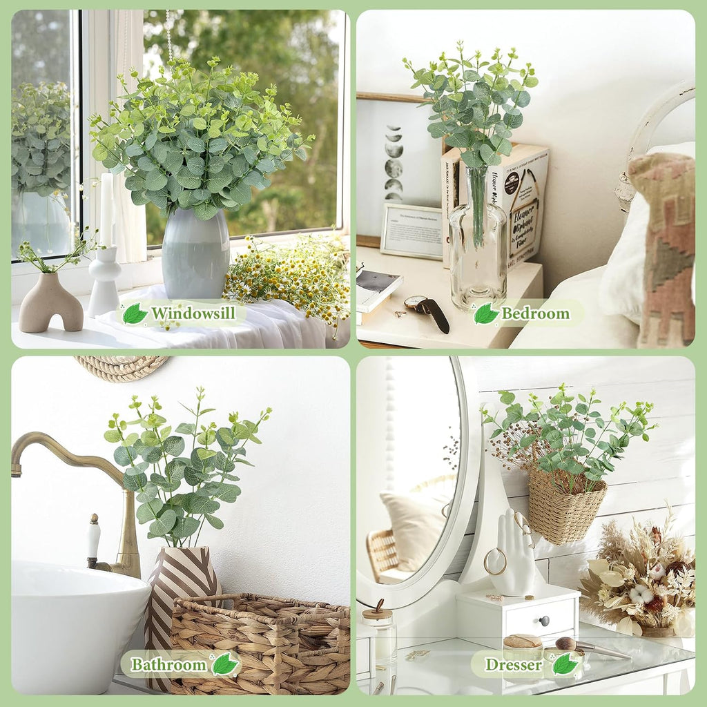 MEILIDY Artificial Eucalyptus Stems, Faux Foliage Branches, Green, 12 Pcs