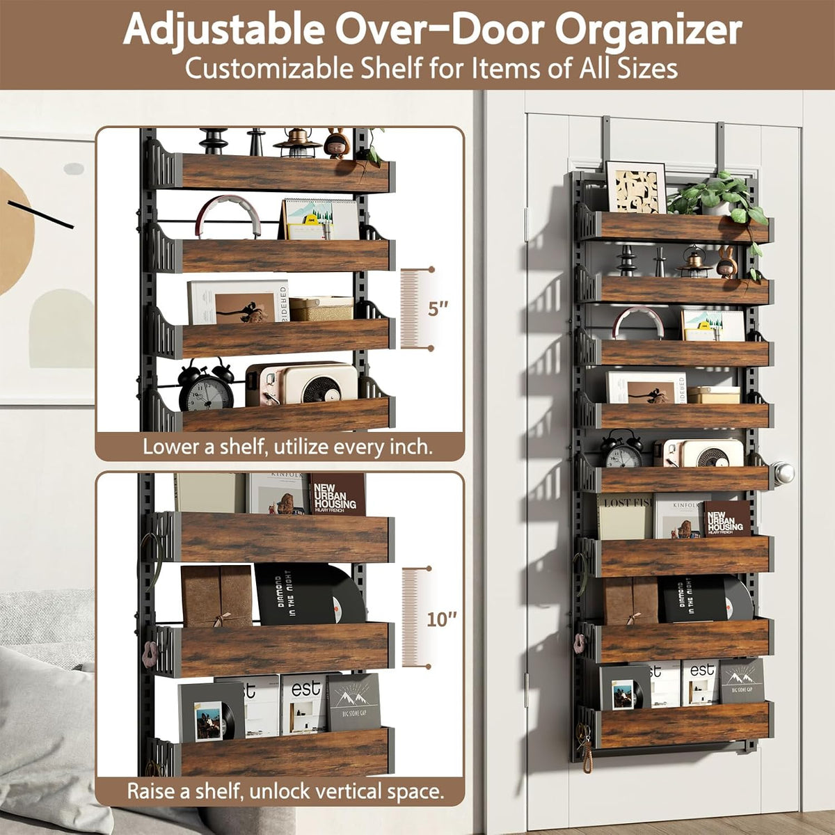 Over the Door Pantry Organizer: Pantry Organization and Storage with Hanging Shelves - 8-Tier Adjustable Basket Metal Spice Rack for Kitchen Bathroom Bedroom & Laundry Room