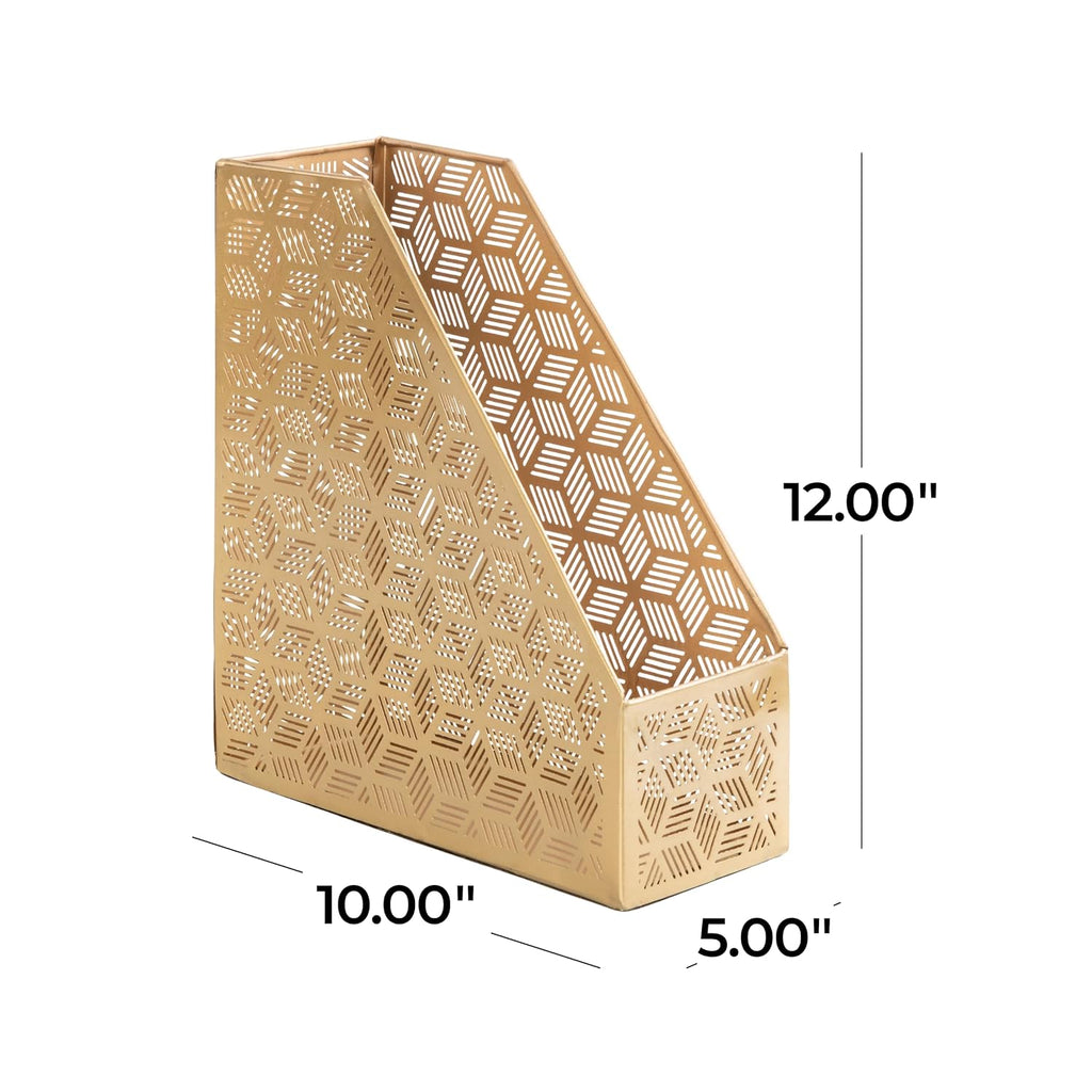 Deco 79 Metal Geometric Single Slot Magazine Holder with Laser Carved Design, 5" x 10" x 12", Gold