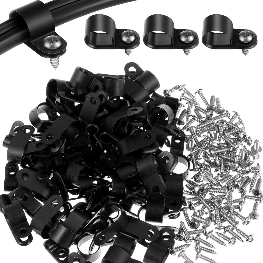 Hicarer 100 Pcs R-Type Cable Clips with Screws Wire Cord,Black,1/2inch