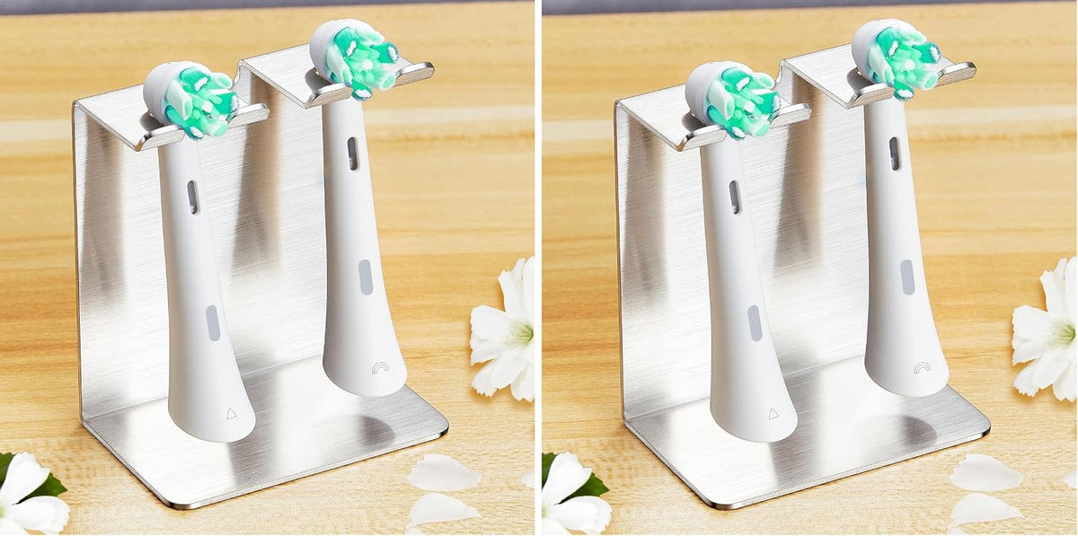 Electric Toothbrush Head Holder, Tooth Brushing Holder, Wall Mounted Toothbrush Holders Shower Bathroom, Self Adhesive or Desktop Tooth Brush Holder Organiser (Silver, Small) (Pack of 2)