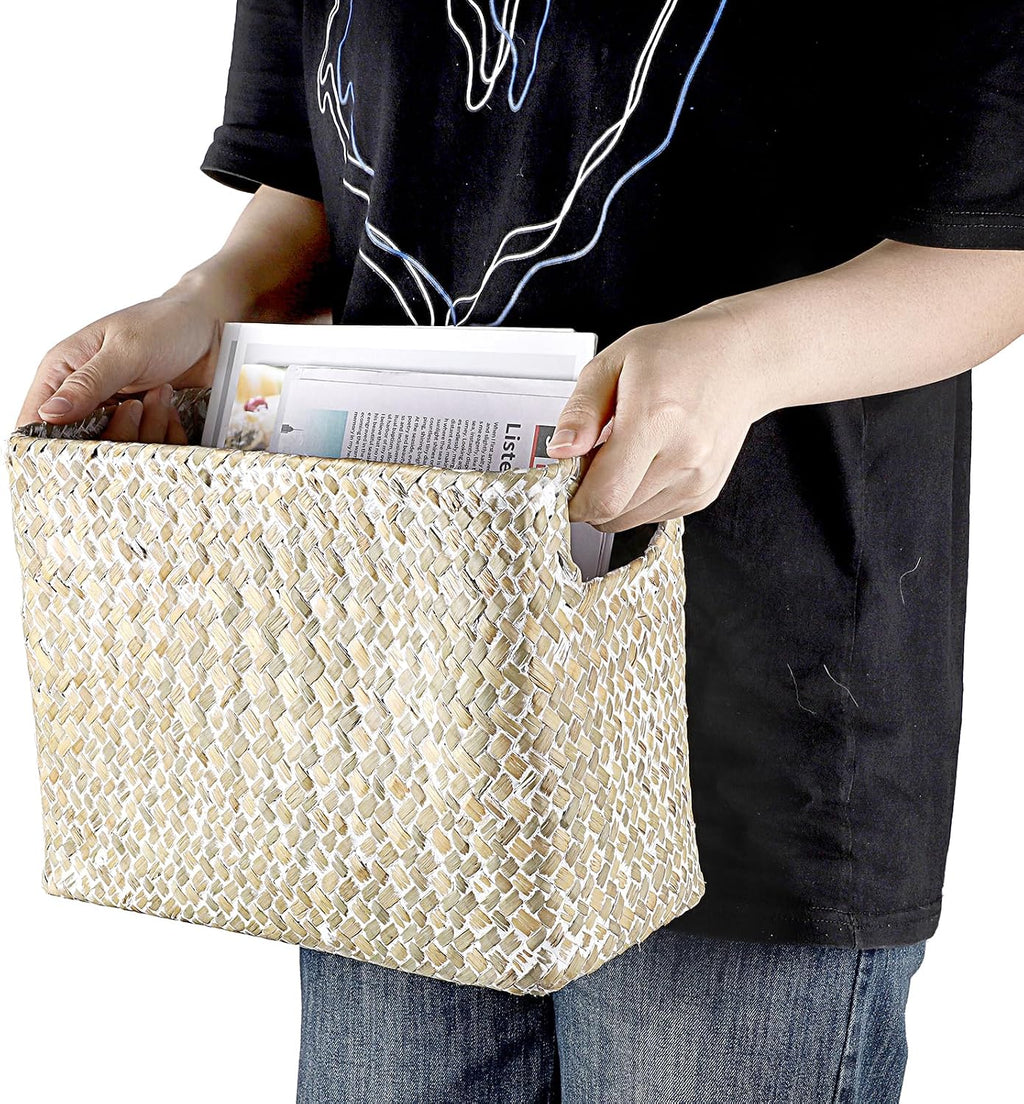 BTSKY Handwoven Magazine Holder, Natural Seagrass Magazine Basket with Metal Rack, Mail Holder Floor Organizer for Office, Living Room, Dorm, Bathroom, Woven Rattan File Basket with Handle (White)