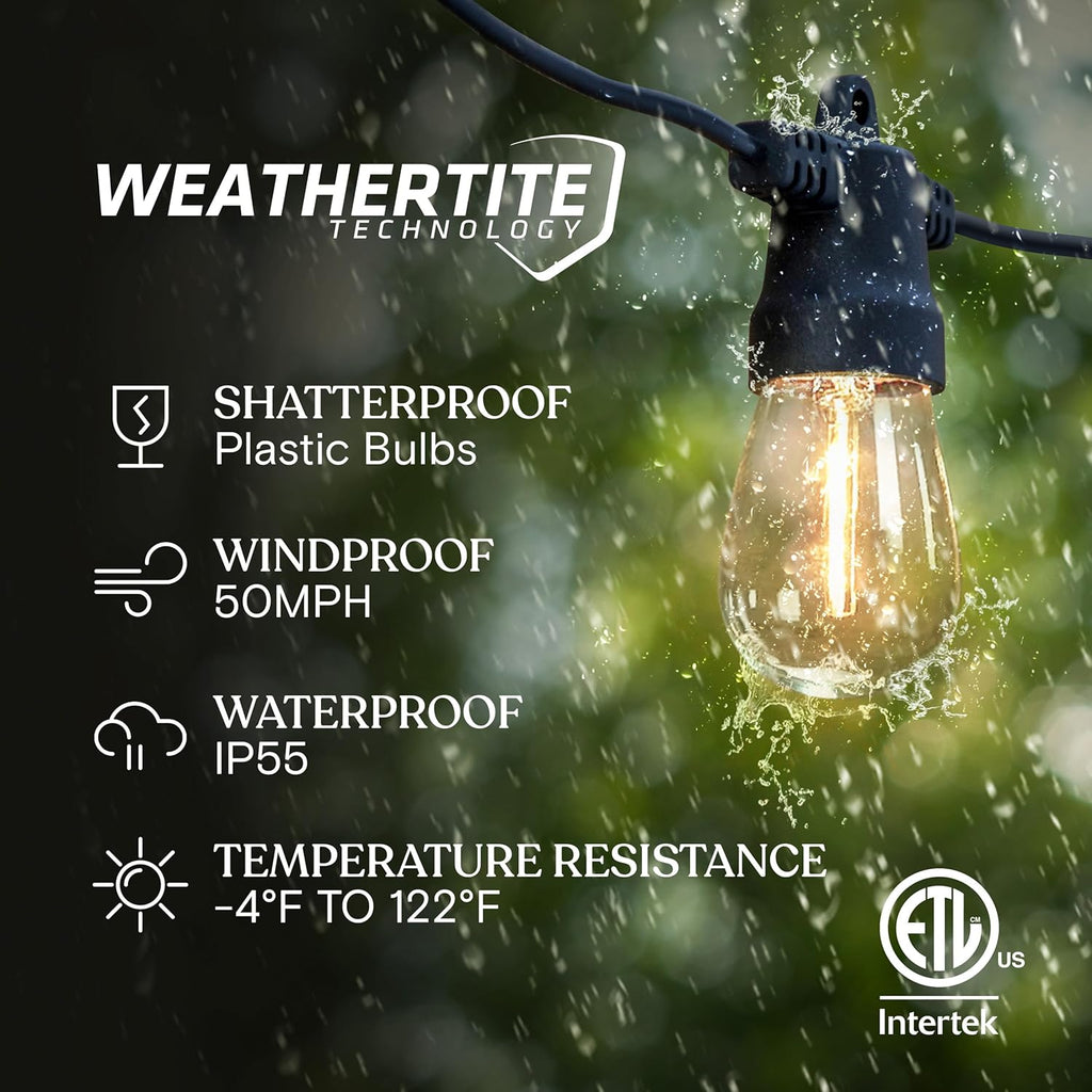 Brightech Ambience Hybrid Outdoor String Lights - Dual Plug and Solar Powered Waterproof LED Light String for Outside - 48 Ft, Soft White Edison Bulbs, for Camping, Patio, Cafe, Yard, Porch