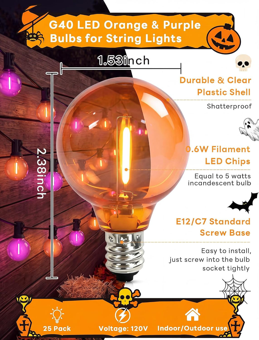 25PK G40 Halloween LED Replacement Purple and Orange Light Bulbs, 0.6W