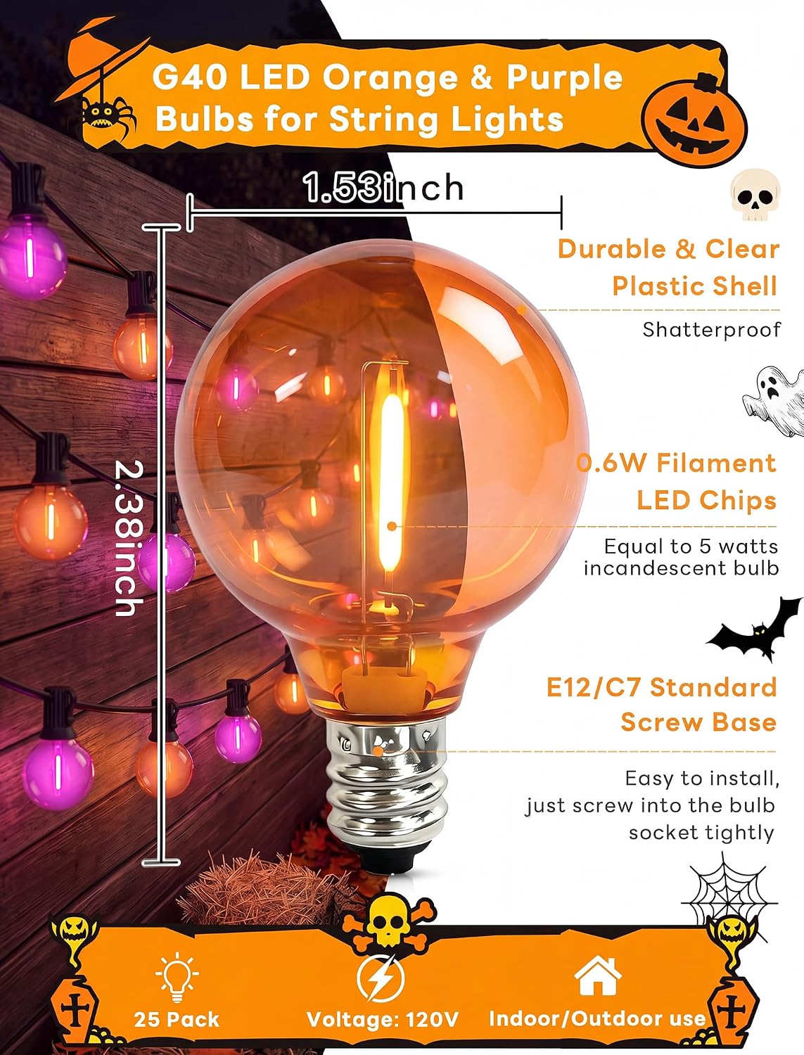 25PK G40 Halloween LED Replacement Purple and Orange Light Bulbs, 0.6W