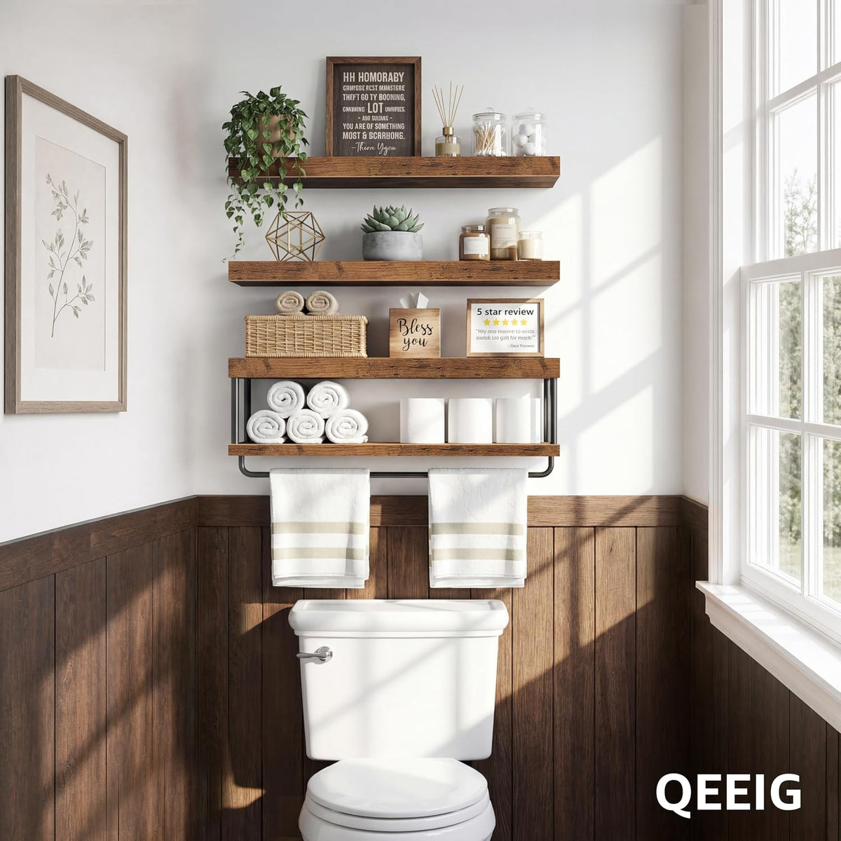 QEEIG Long Bathroom Floating Shelves Over Toilet (Brown, Set of 3, 23.6")