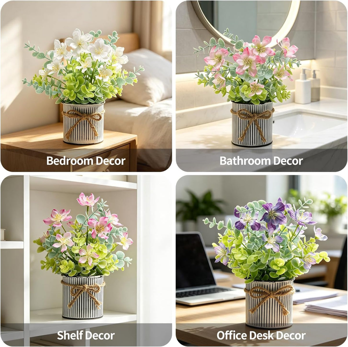 2 Pack Fake Potted Plants with Flowers,Bathroom Kitchen Shelf Decor