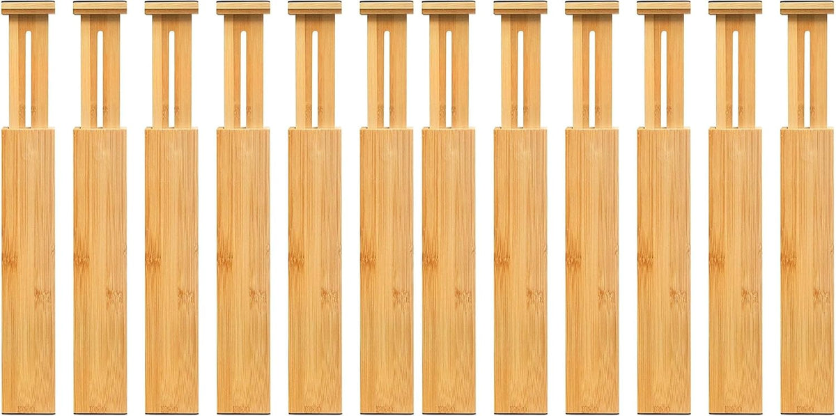 VaeFae 12-Pack Adjustable Bamboo Drawer Dividers, Expandable Drawer Organizer for Kitchen Utensils, Clothes, Bathroom, Office – Fits Drawer Interiors 16.6" to 21.8"