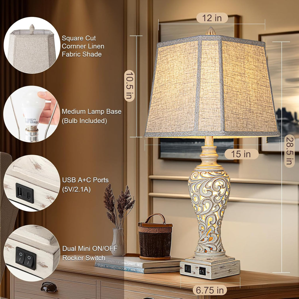 LuxSight Collection 28.5" Table Lamps Set of 2 with Nightlight for Bedroom