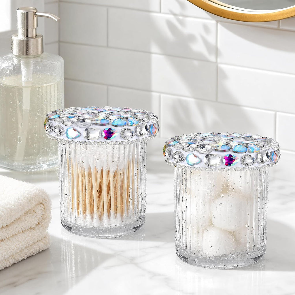 SlowVibes Bling Glass Cotton Swab Holder Jars, 2 Pack