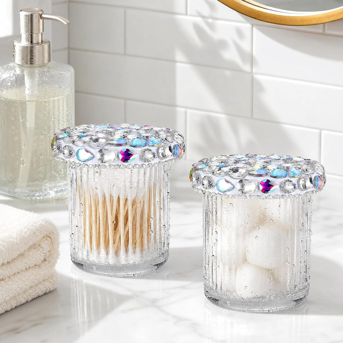 SlowVibes Bling Glass Cotton Swab Holder Jars, 2 Pack