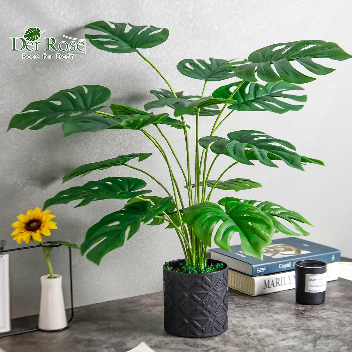 Der Rose 2 Pack 28" Fake Plants, Monstera Plant in Black-and-White Pots