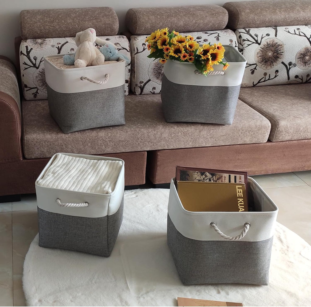 Fabric Storage Cubes 13 x 13, Collapsible Storage Bins for Shelf Baskets, Cube Storage Organizer White Gray Bins with Cotton Handles, Foldable Storage Bin box, Cube Storage Bin 6 Pack