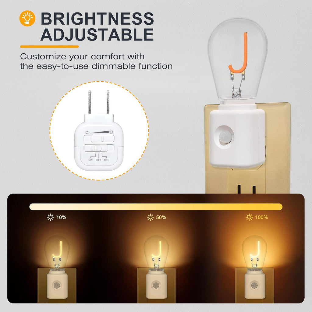 Night Lights Plug into Wall,Automatic LED Night Light with 10-100LM Dimmable, J-Type 2200K Plug in Night Lights with Motion Sensor, for Bathroom Hallway, 2-Pack
