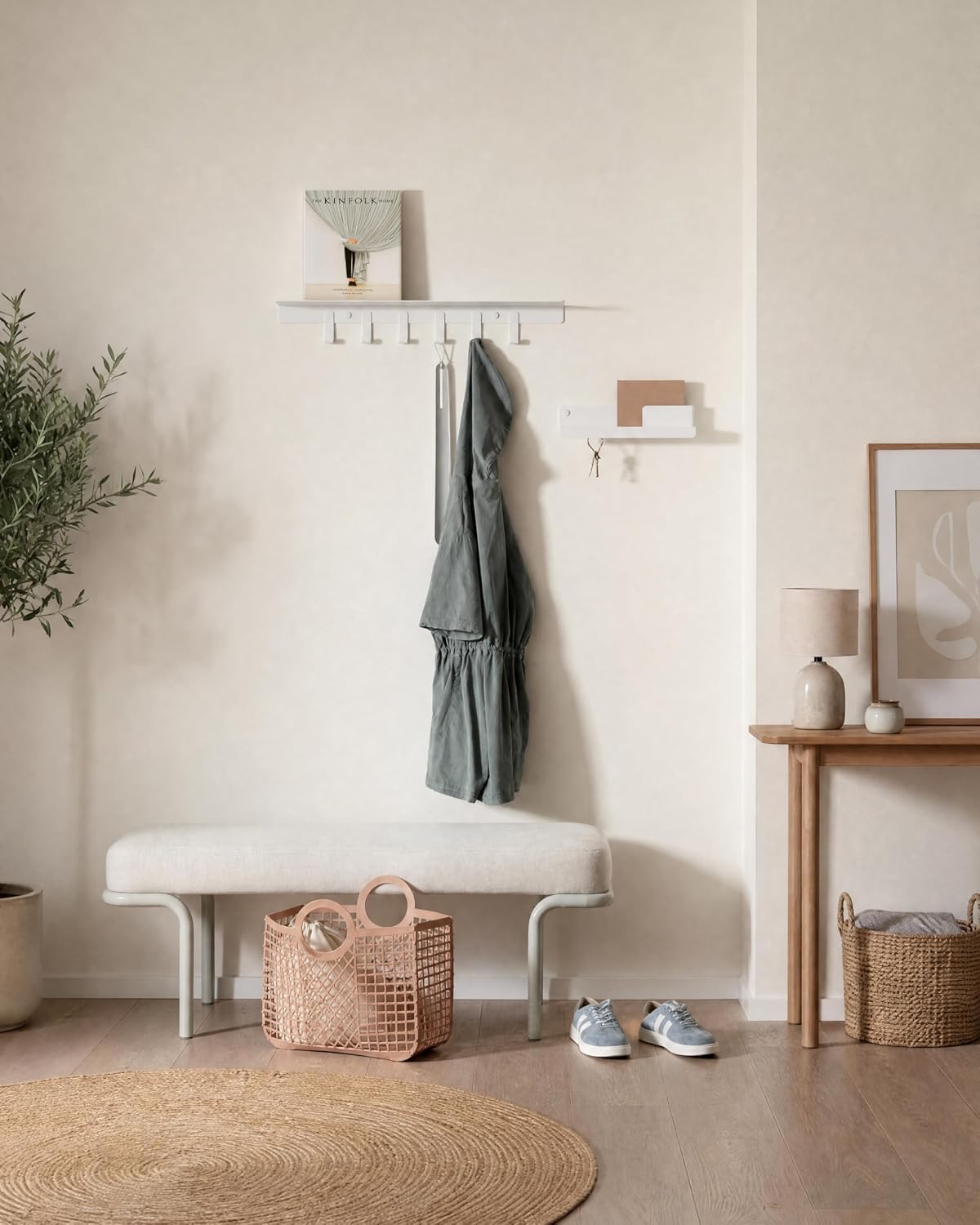 Kazai. Key Holder for Wall 'Holmsen' | Minimalist Key Hooks Design from Berlin | Modern Key Hanger with Metal Shelf | Key Hook Wall Mounted as Hallway Furniture | White